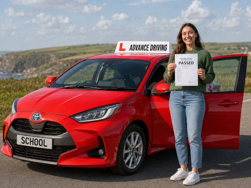 Young woman standing by advance driving school red car holding up her driving test certificate that shows she passed.