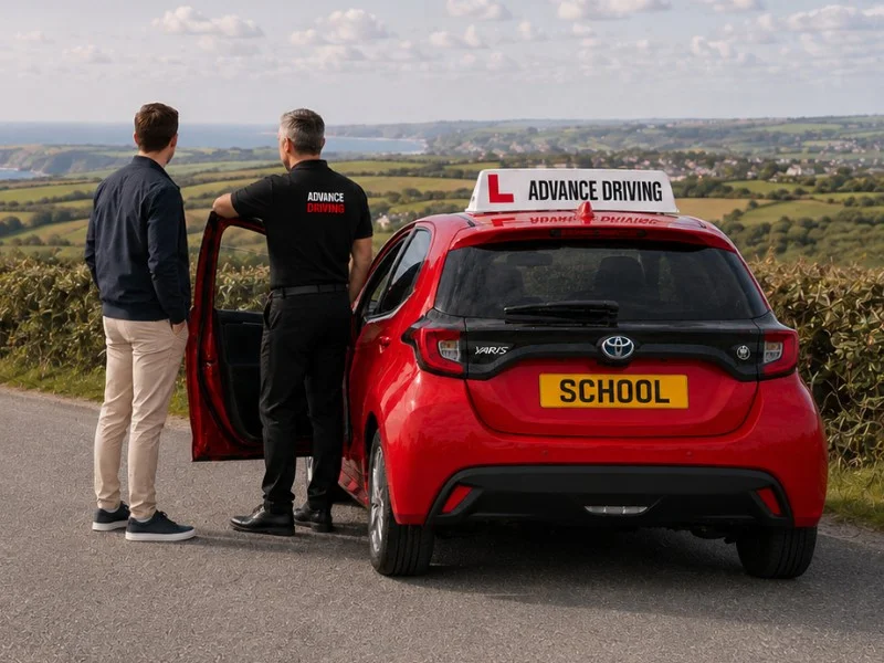 Advance driving school instructor standing by car with learner looking at the sea.